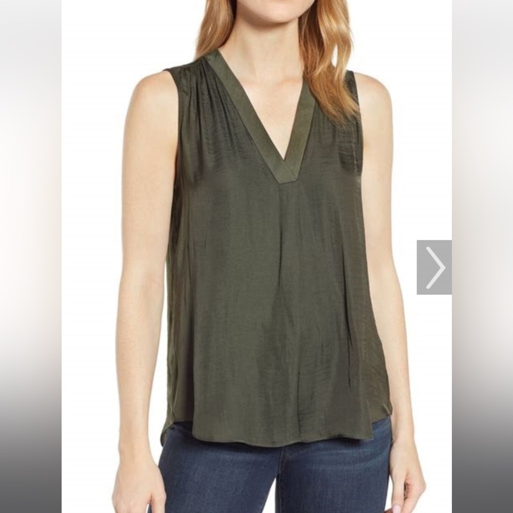 Vince Camuto Rumpled Satin V-Neck Blouse in Rich Olive